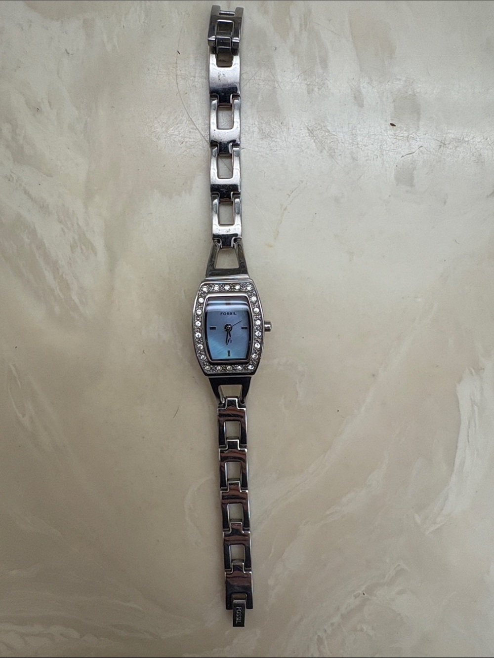 Fossil Silver Bracelet Watch with Mother of Pearl Dial and Crystal Bezel